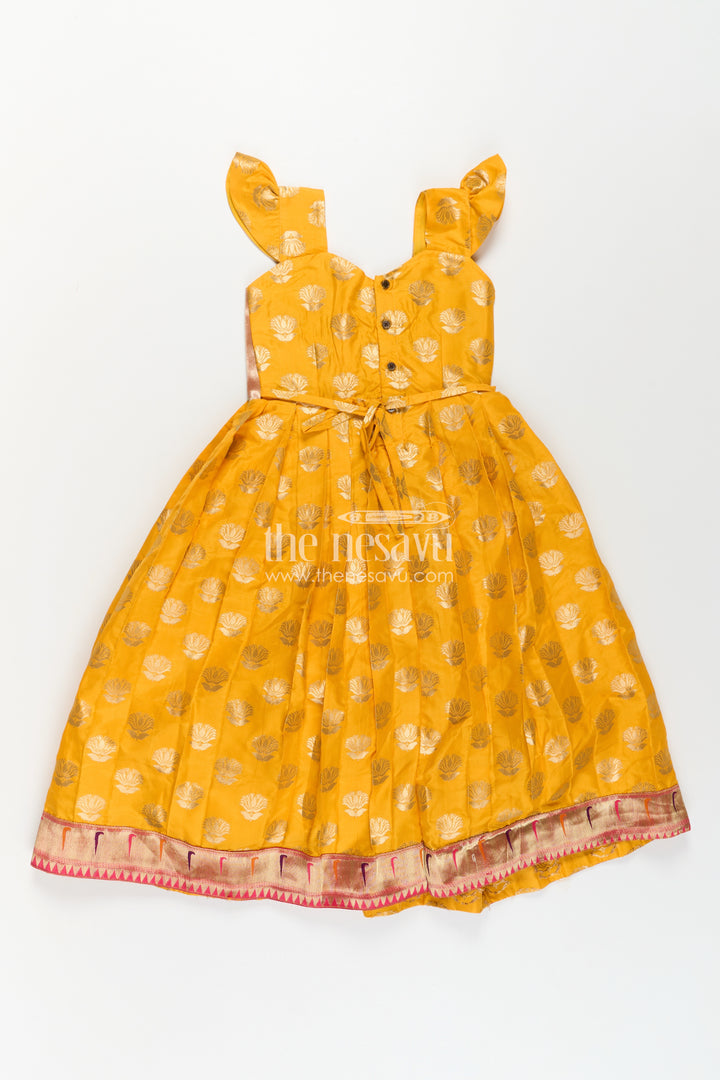 Girls Banarasi Anarkali Gown in Yellow Semi Banaras Silk with Paithani Yoke and Gold Motifs