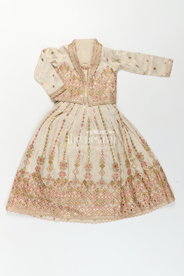 Girls Designer Anarkali in Ivory Shimmer Silk with Embroidered Jacket and Pleated Skirt Finish