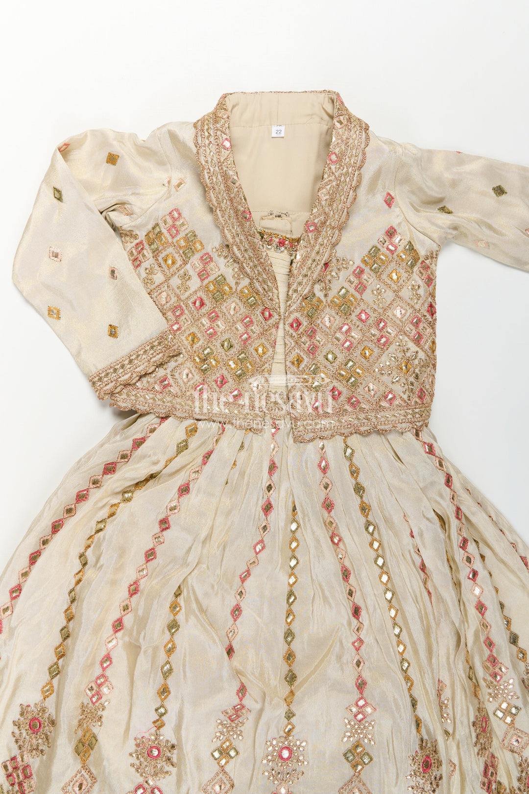Girls Designer Anarkali in Ivory Shimmer Silk with Embroidered Jacket and Pleated Skirt Finish