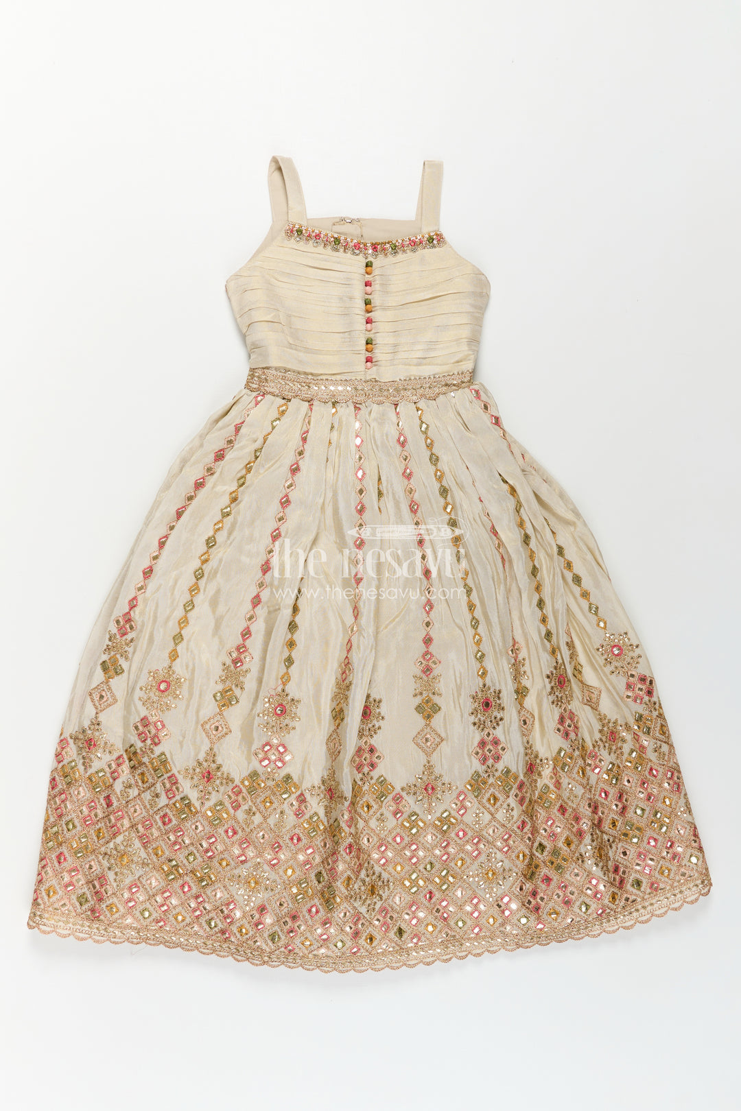 Girls Designer Anarkali in Ivory Shimmer Silk with Embroidered Jacket and Pleated Skirt Finish