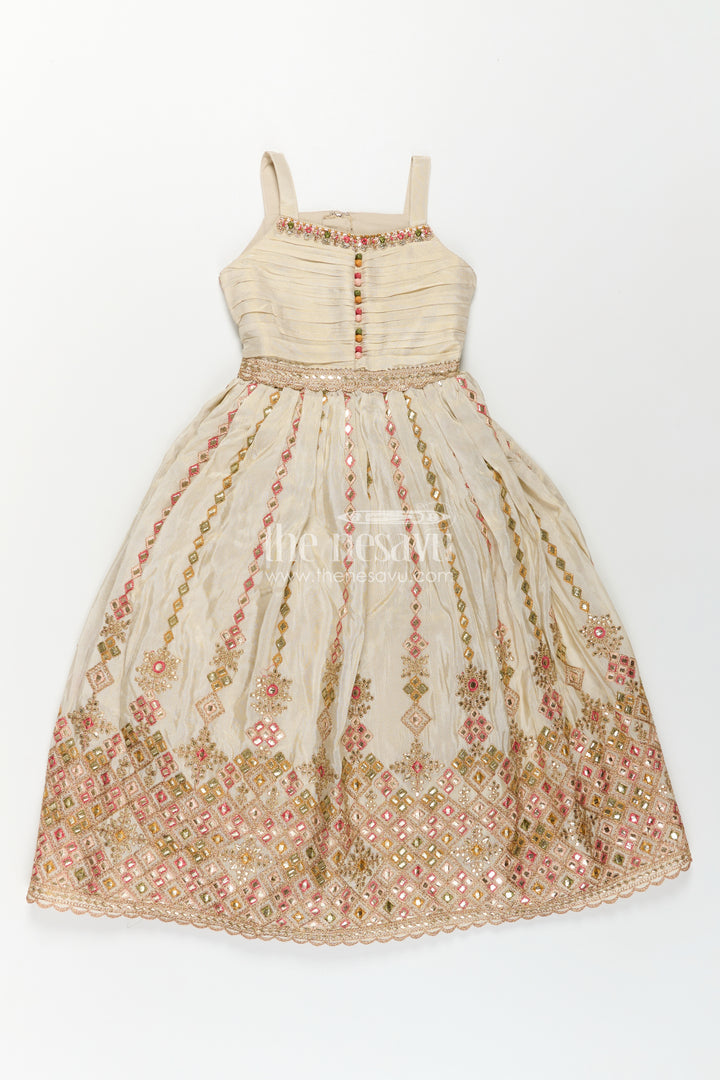 Girls Designer Anarkali in Ivory Shimmer Silk with Embroidered Jacket and Pleated Skirt Finish