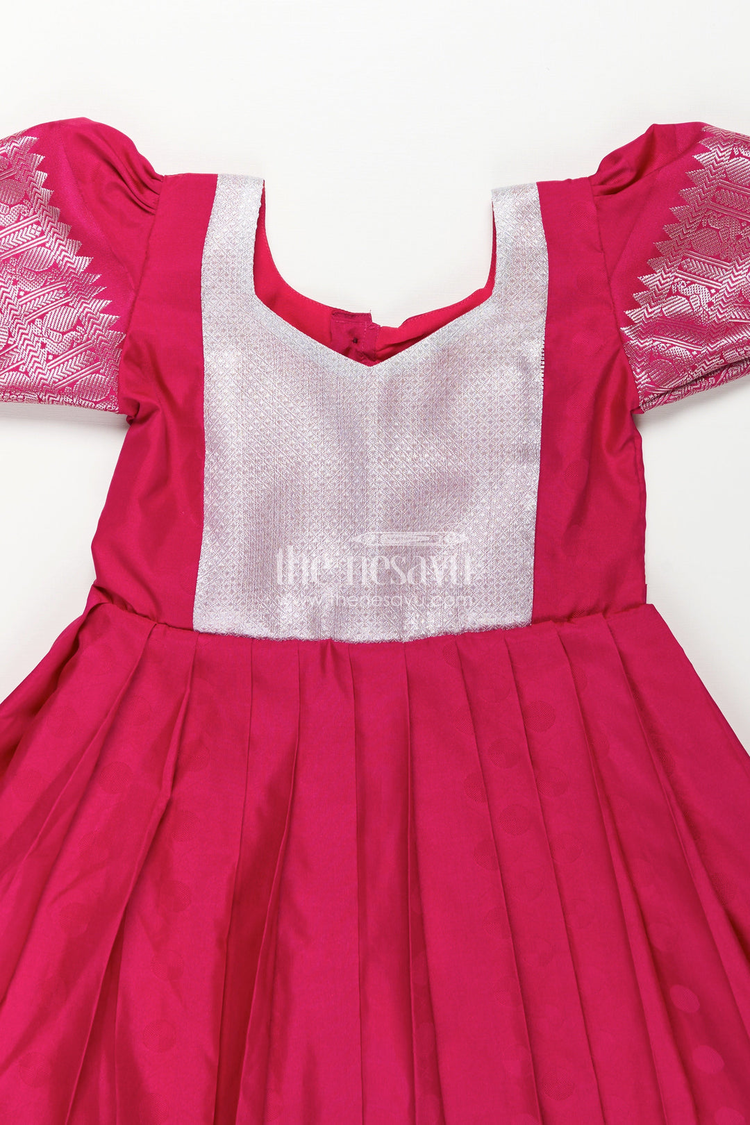 Girls Semi Silk Pink Gown Design with Embellished Yoke and Traditional Zari Border