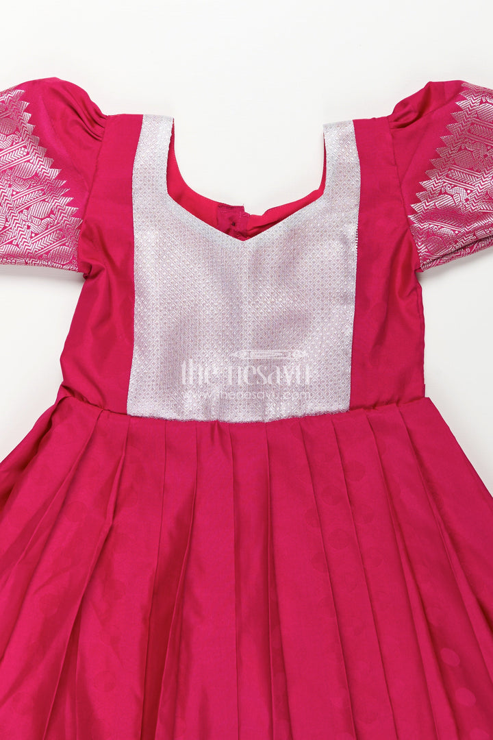 Girls Semi Silk Pink Gown Design with Embellished Yoke and Traditional Zari Border