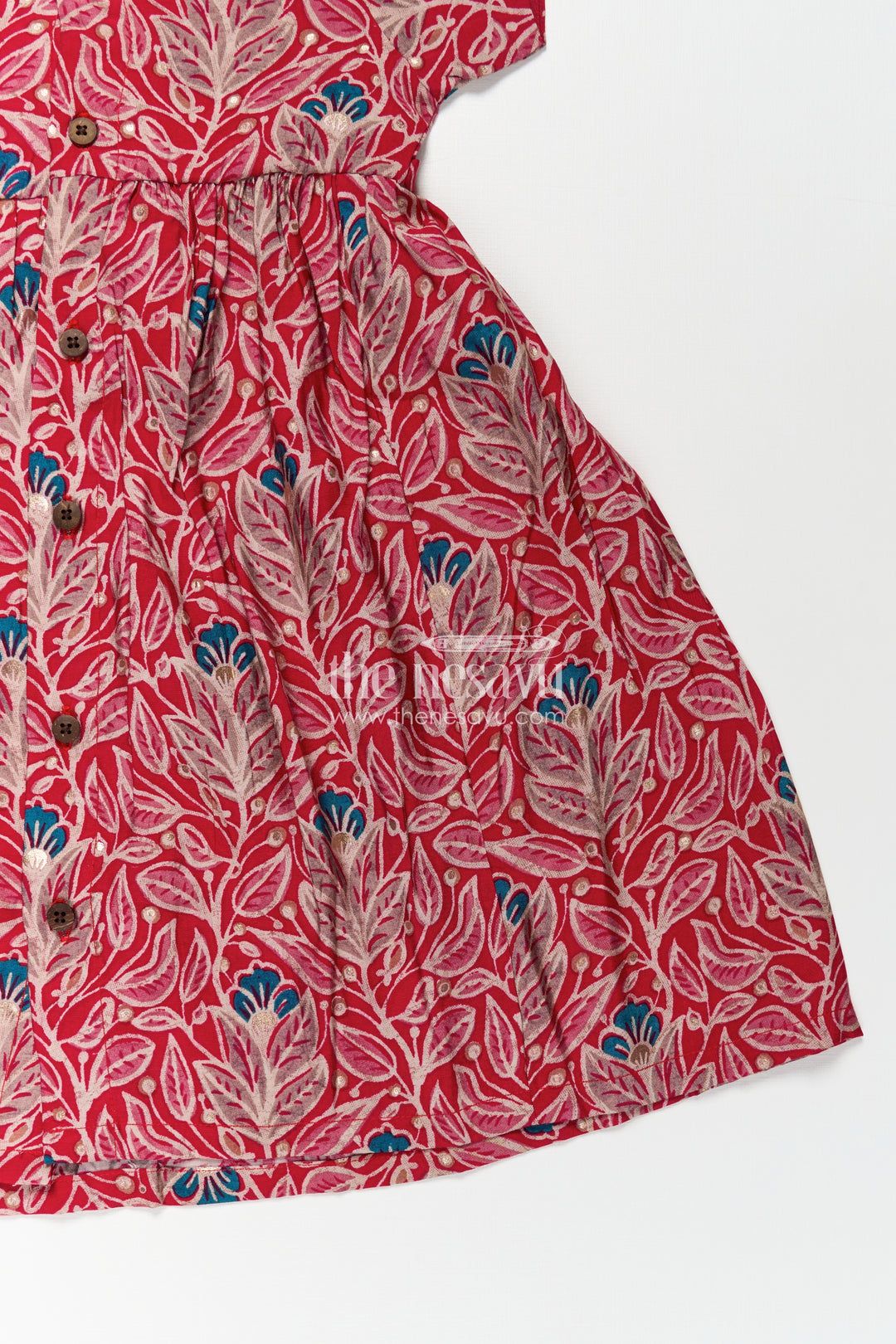 Girls Printed Chanderi Frock with Frill Inspired Styling and Traditional Leafy Motif Print
