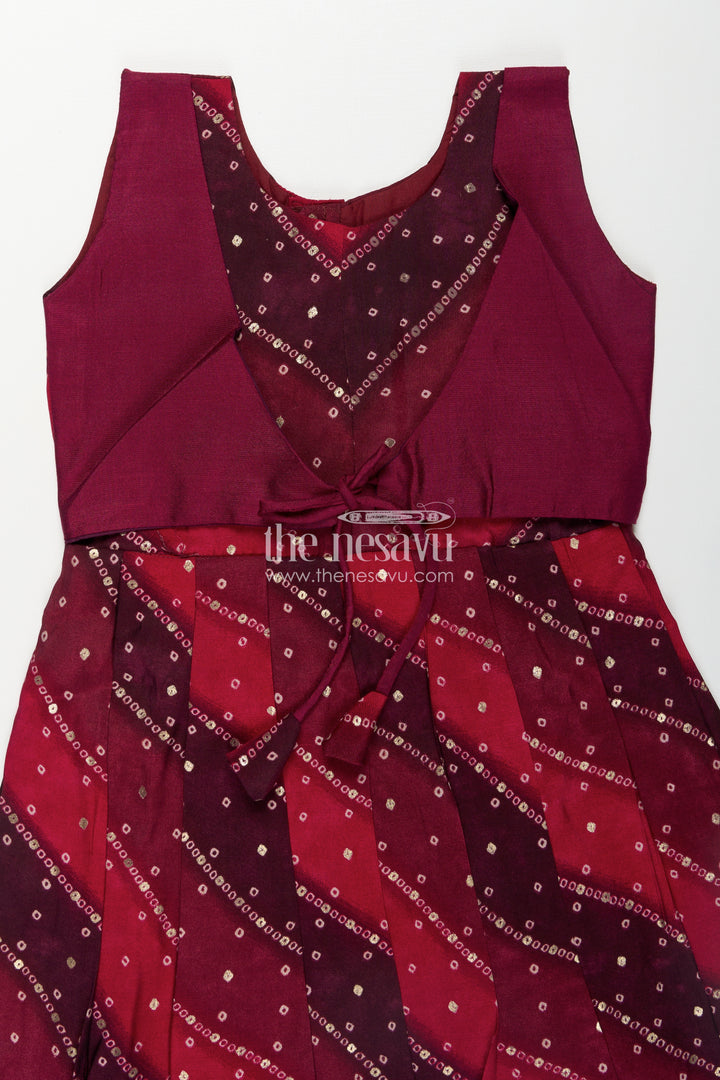 Girls Maroon Viscose Frock with Sequined Detailing and Waist Belt in Long Frock Party Style