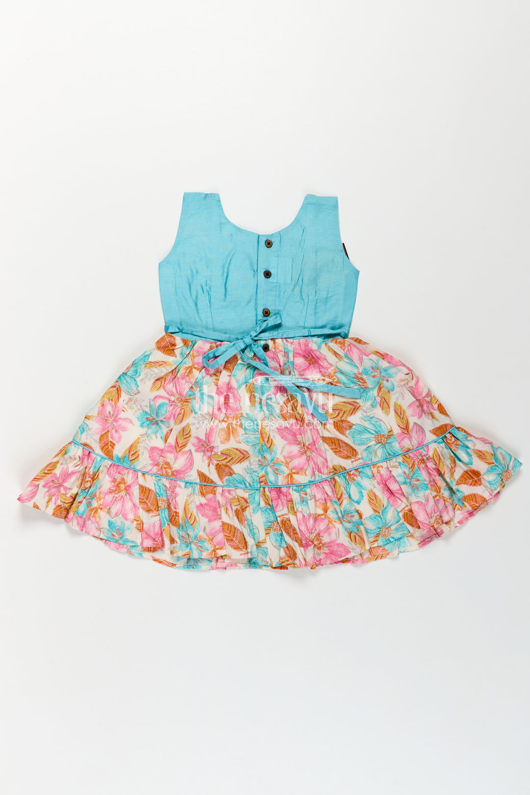 Girls Printed Chanderi Frock with Bow and Floral Print for Playful and Stylish Short Frock Design