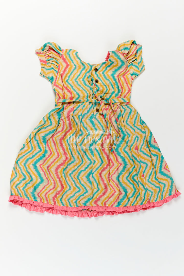 Girls Printed Chanderi Frock with Puff Sleeves and Zigzag Patterns in New Model Frock Design Style