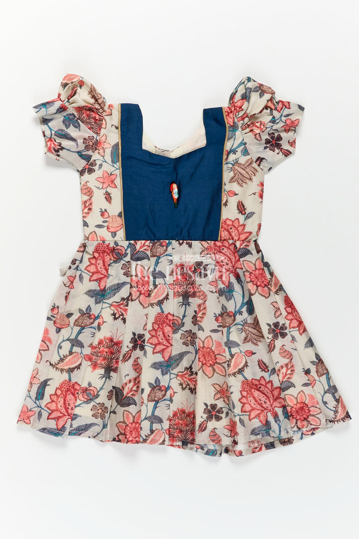 Girls Digital Printed Chanderi Frock with Puff Sleeves and Blue Contrast Bodice in Frock Frill Style