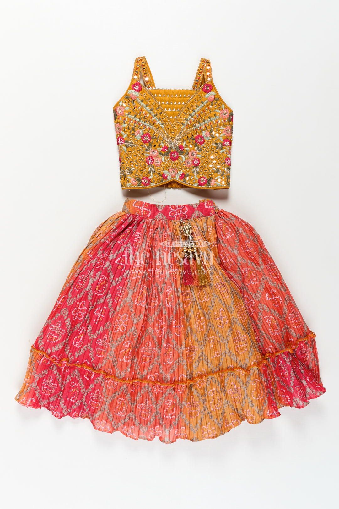 Yellow Chinon Silk Bandhani Print Lehenga Choli with Designer Blouse and Dupatta for Girls