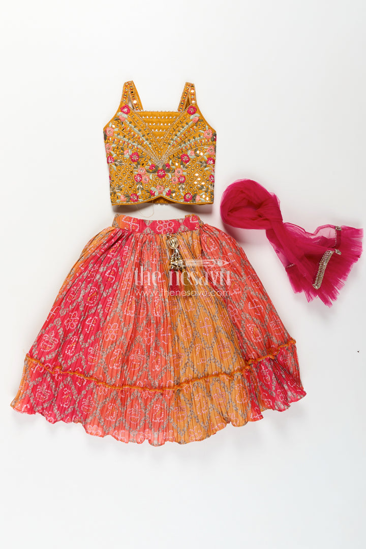 Yellow Chinon Silk Bandhani Print Lehenga Choli with Designer Blouse and Dupatta for Girls