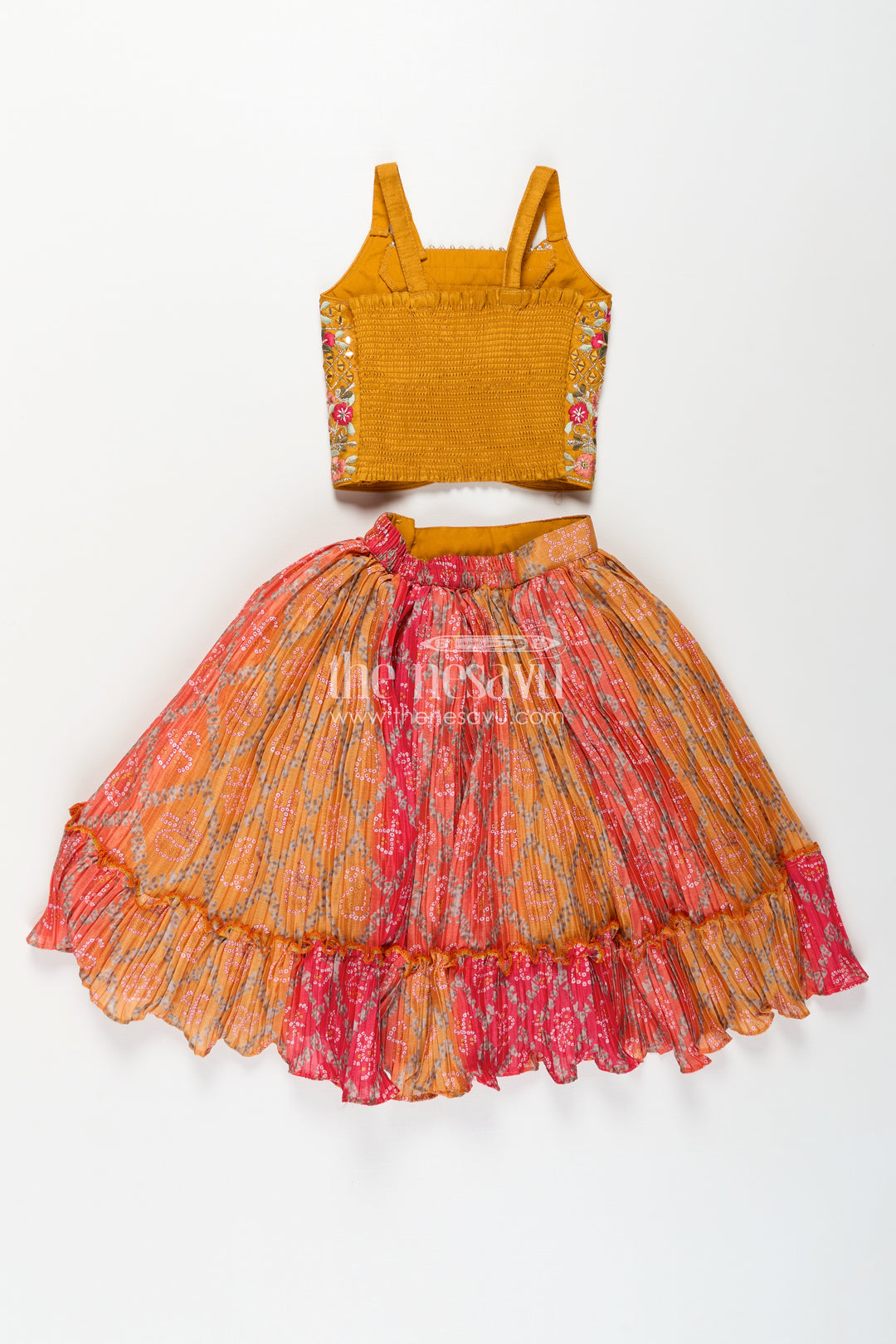 Yellow Chinon Silk Bandhani Print Lehenga Choli with Designer Blouse and Dupatta for Girls