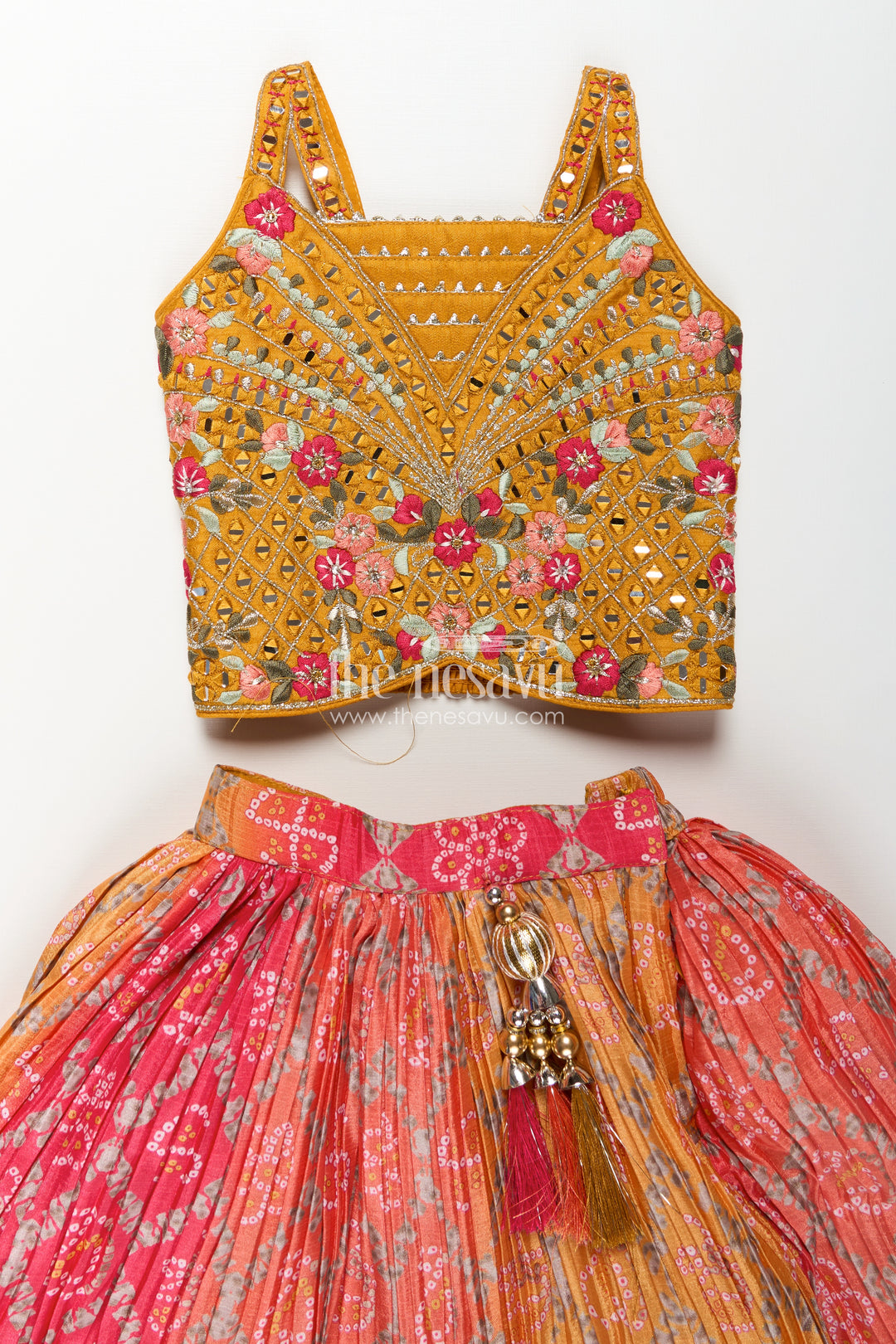 Yellow Chinon Silk Bandhani Print Lehenga Choli with Designer Blouse and Dupatta for Girls