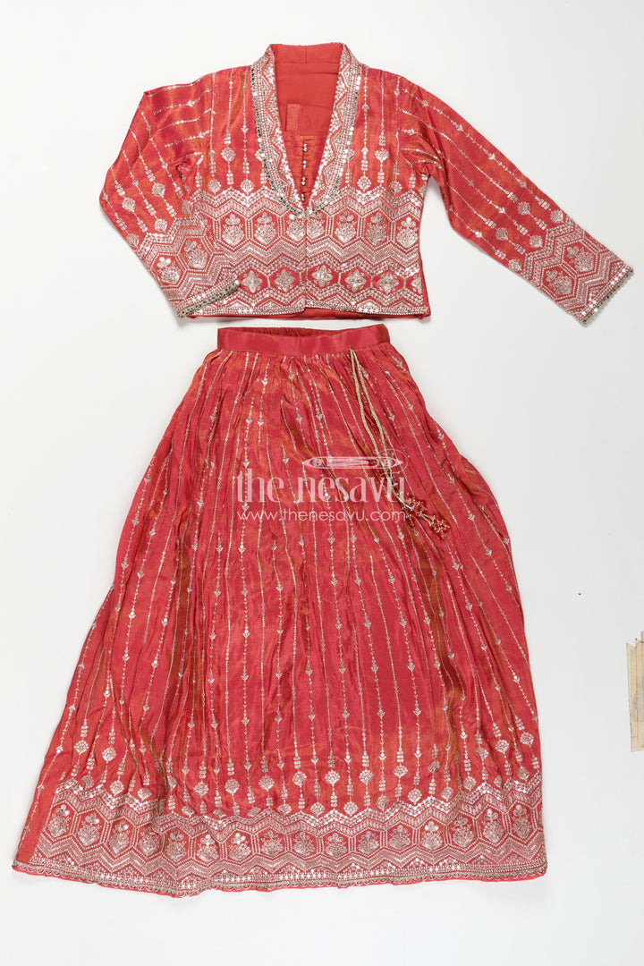 Girls Lehenga Choli Red Colour in Shimmer Silk with Embroidered Jacket and Flared Skirt