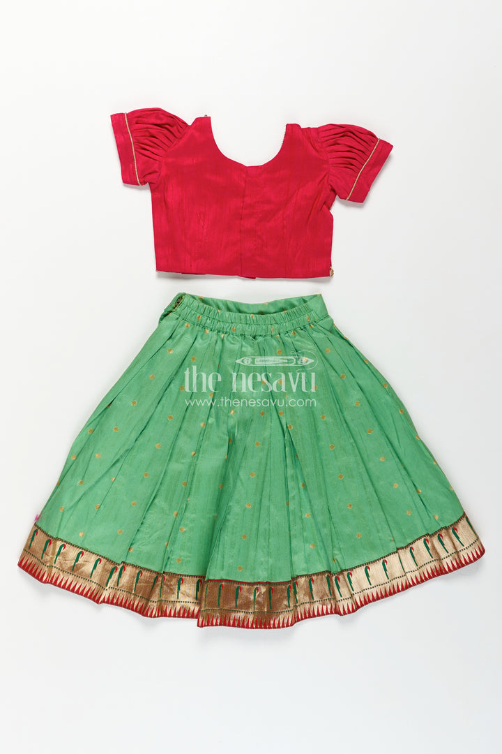 Lehenga Pavadai for Girls in Green and Pink with Paithani Embellished Banaras Silk Finish