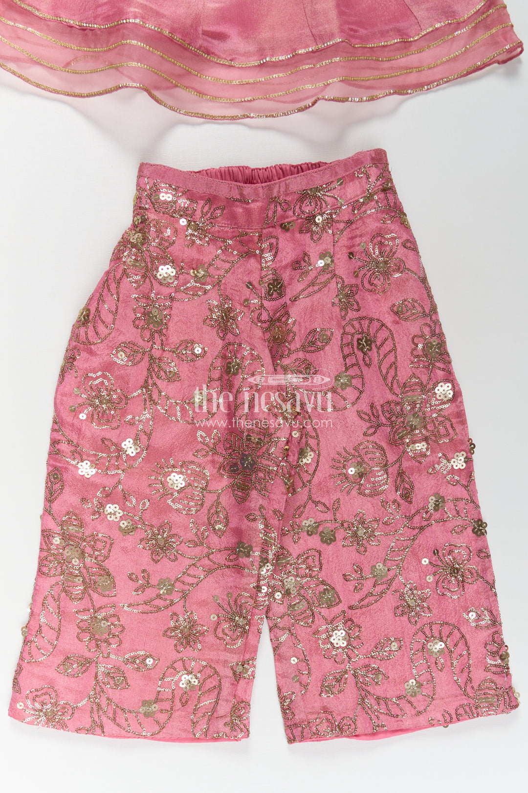 Girls Pink Sharara Set in Viscose Tissue with Embroidered Sequin Floral Patterns and Dupatta