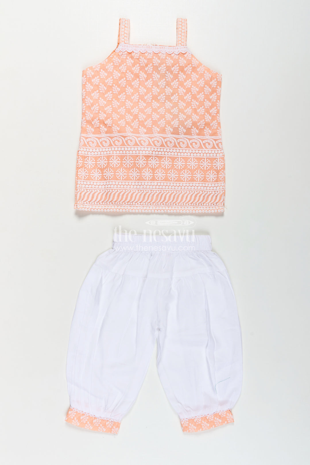 Girls Orange Chudi Set in Cotton with Embroidered Sleeveless Kurti and White Dhoti Pants