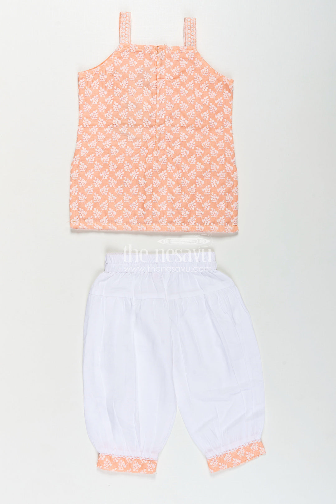 Girls Orange Chudi Set in Cotton with Embroidered Sleeveless Kurti and White Dhoti Pants