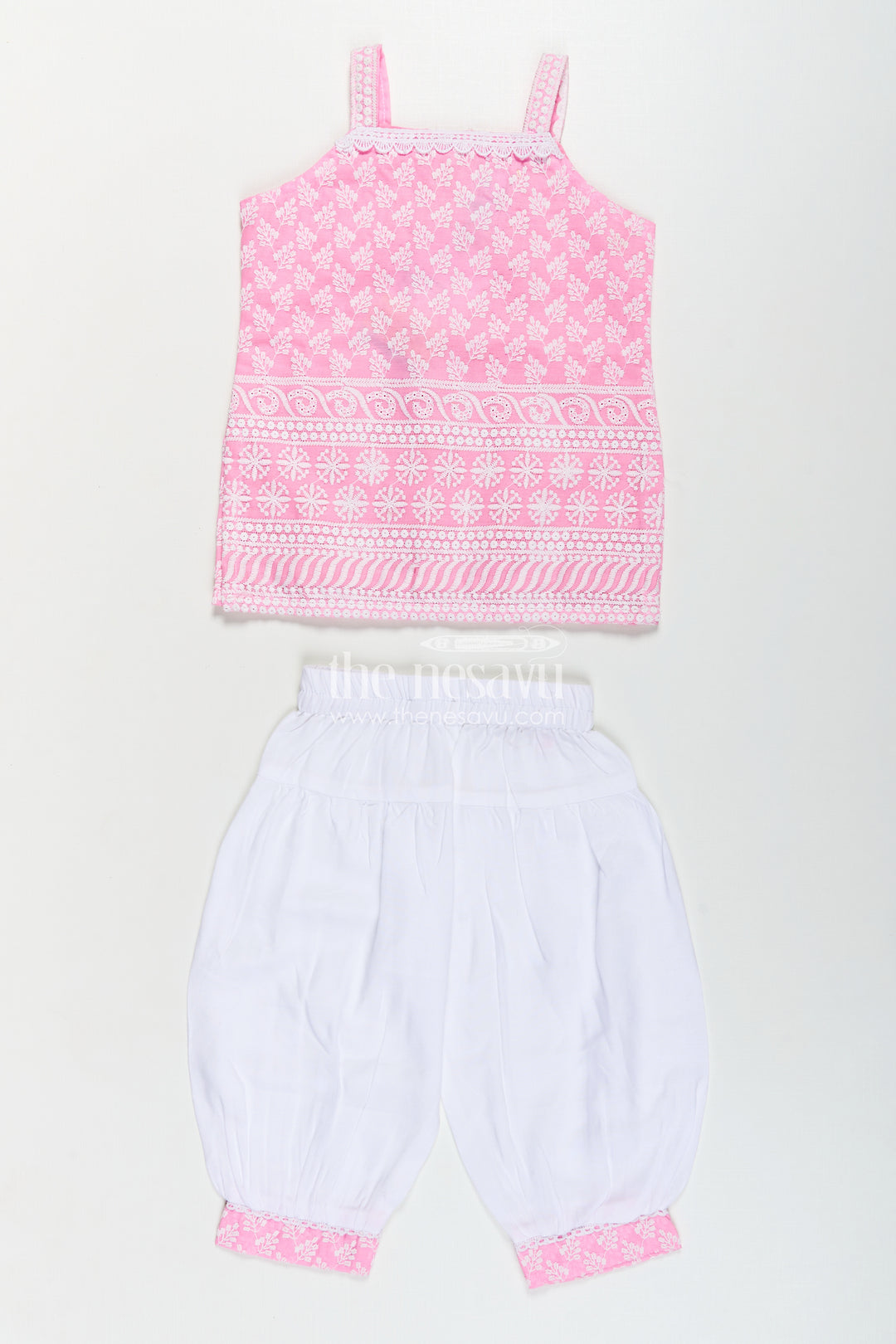Girls Pink Colour Chudi Set in Cotton with Thread Embroidery Yoke and Elegant Dhoti Bottoms