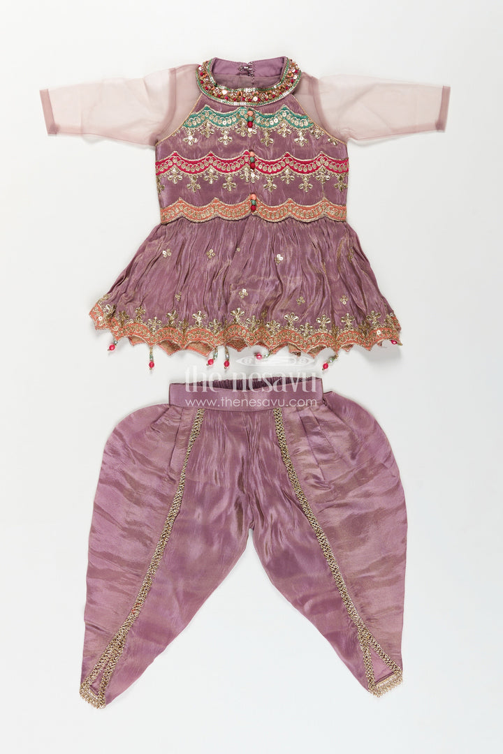 Girls Shimmer Sharara Kurta Set in Mauve Viscose Silk with Designer Embroidery and Jacket