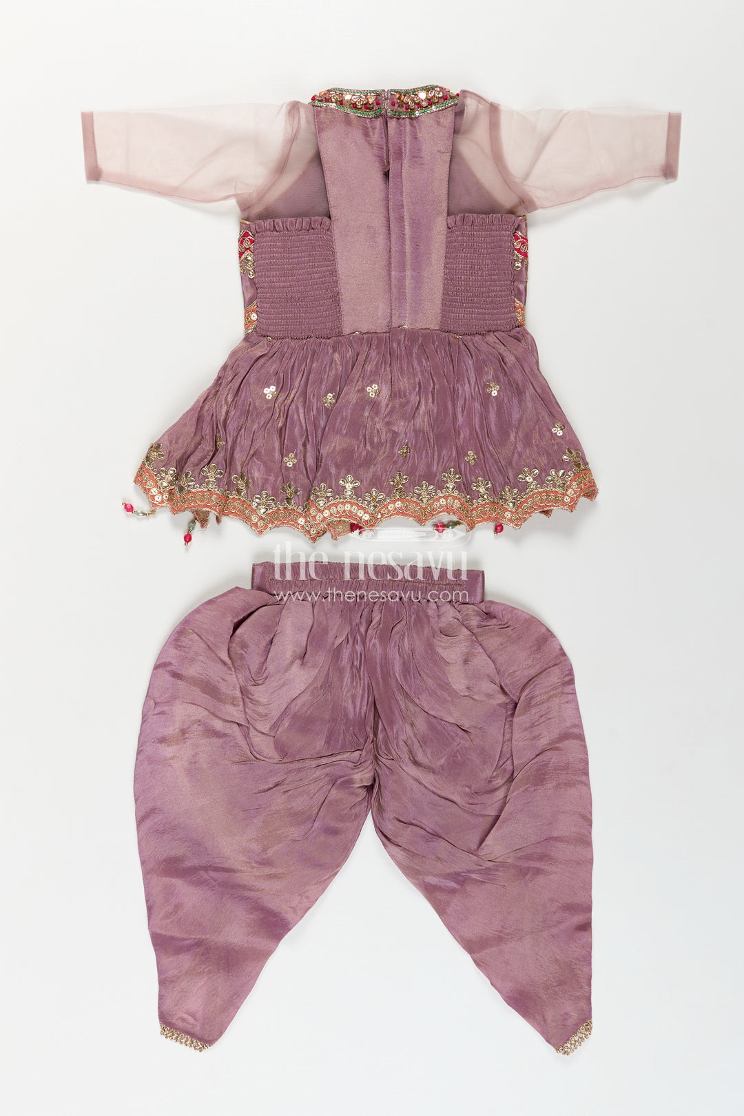 Girls Shimmer Sharara Kurta Set in Mauve Viscose Silk with Designer Embroidery and Jacket