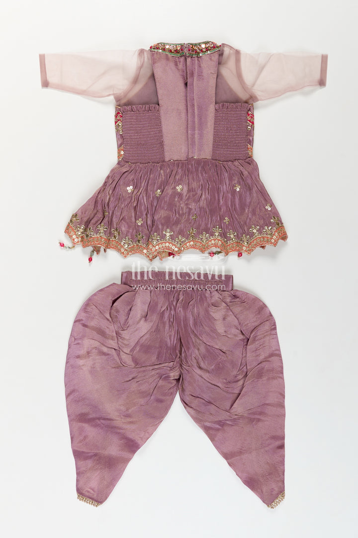 Girls Shimmer Sharara Kurta Set in Mauve Viscose Silk with Designer Embroidery and Jacket