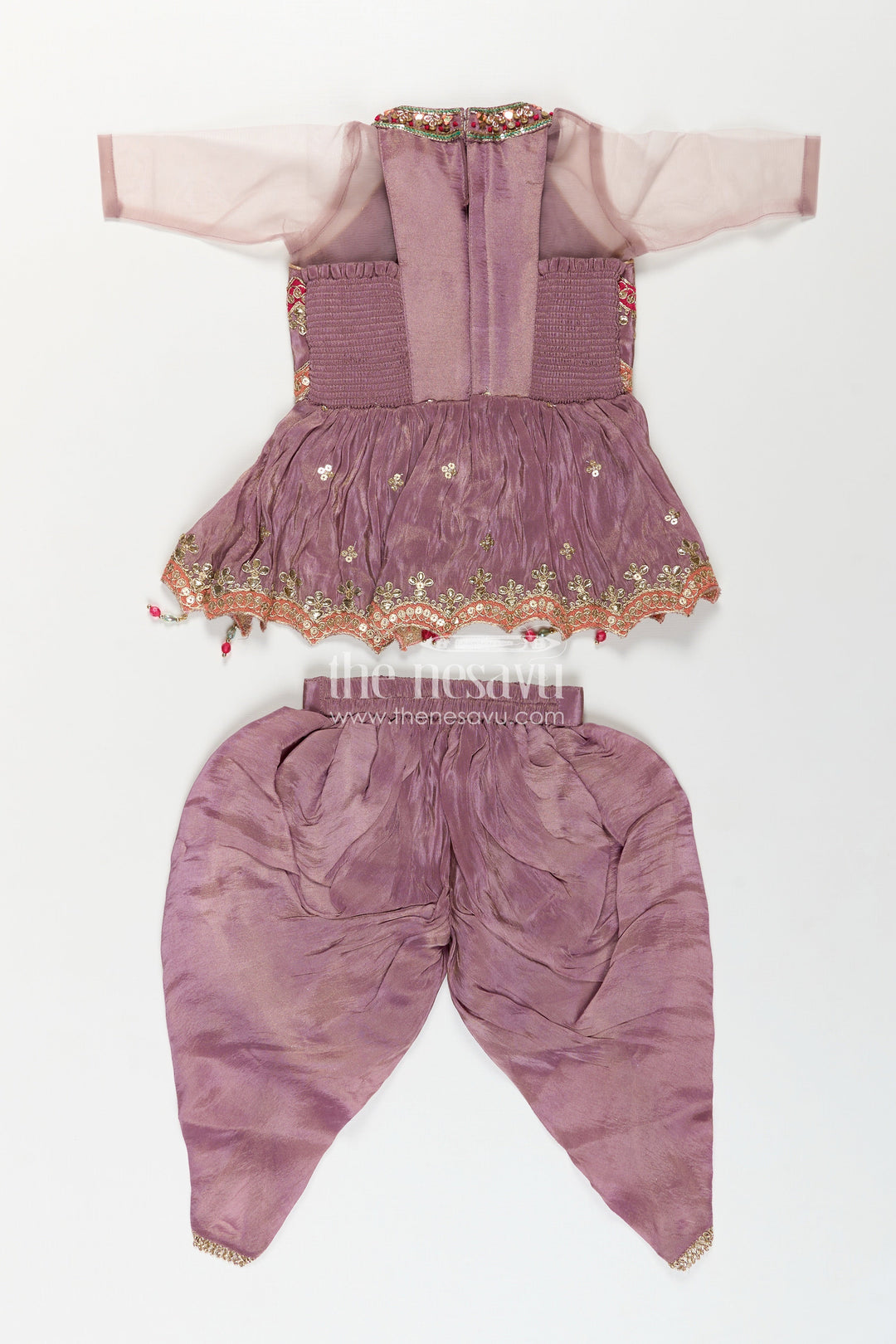 Girls Shimmer Sharara Kurta Set in Mauve Viscose Silk with Designer Embroidery and Jacket