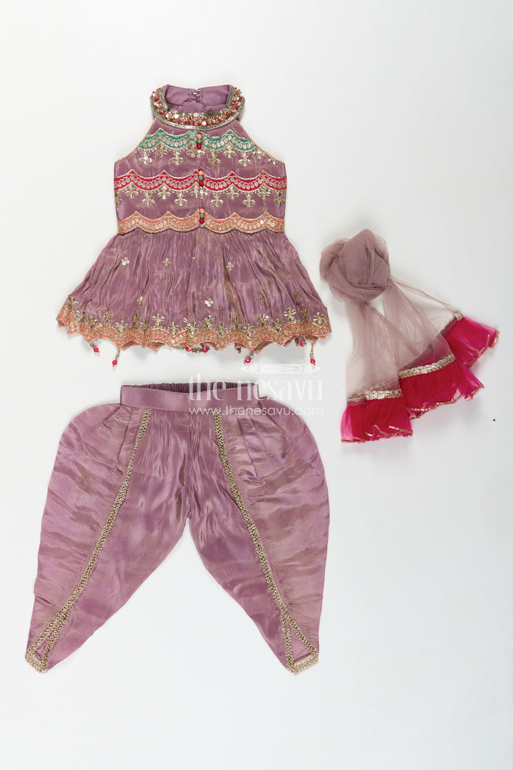 Girls Shimmer Sharara Kurta Set in Mauve Viscose Silk with Designer Embroidery and Jacket