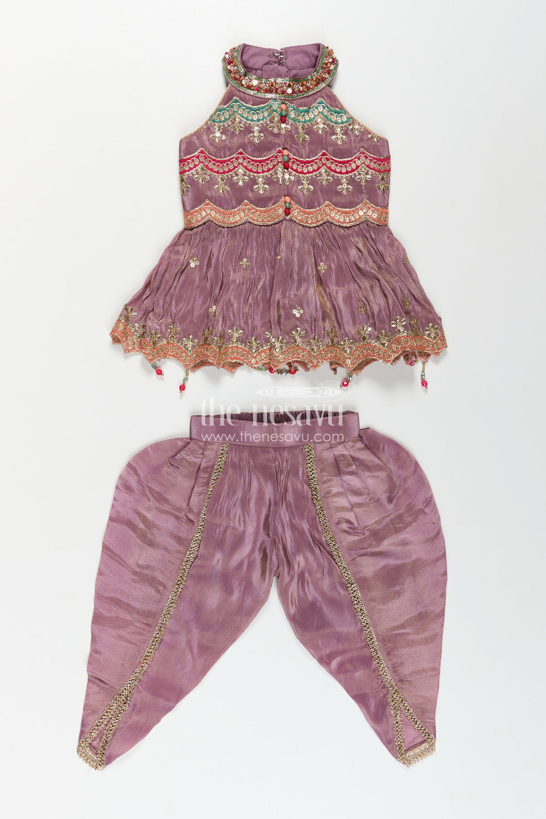 Girls Shimmer Sharara Kurta Set in Mauve Viscose Silk with Designer Embroidery and Jacket