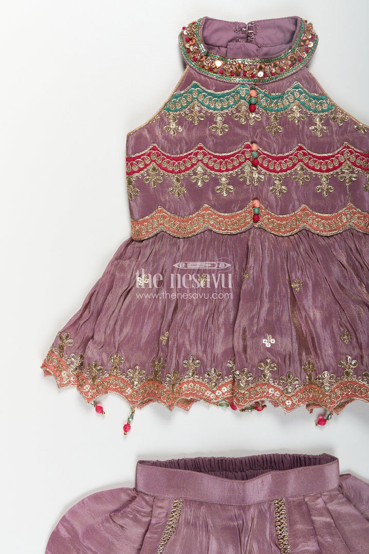 Girls Shimmer Sharara Kurta Set in Mauve Viscose Silk with Designer Embroidery and Jacket
