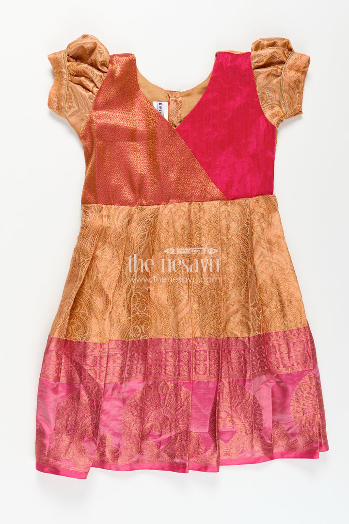 Girls Semi Silk Orange Silk Frock with Magenta Pin-Tuck Yoke and Bold Jacquard Hem Border