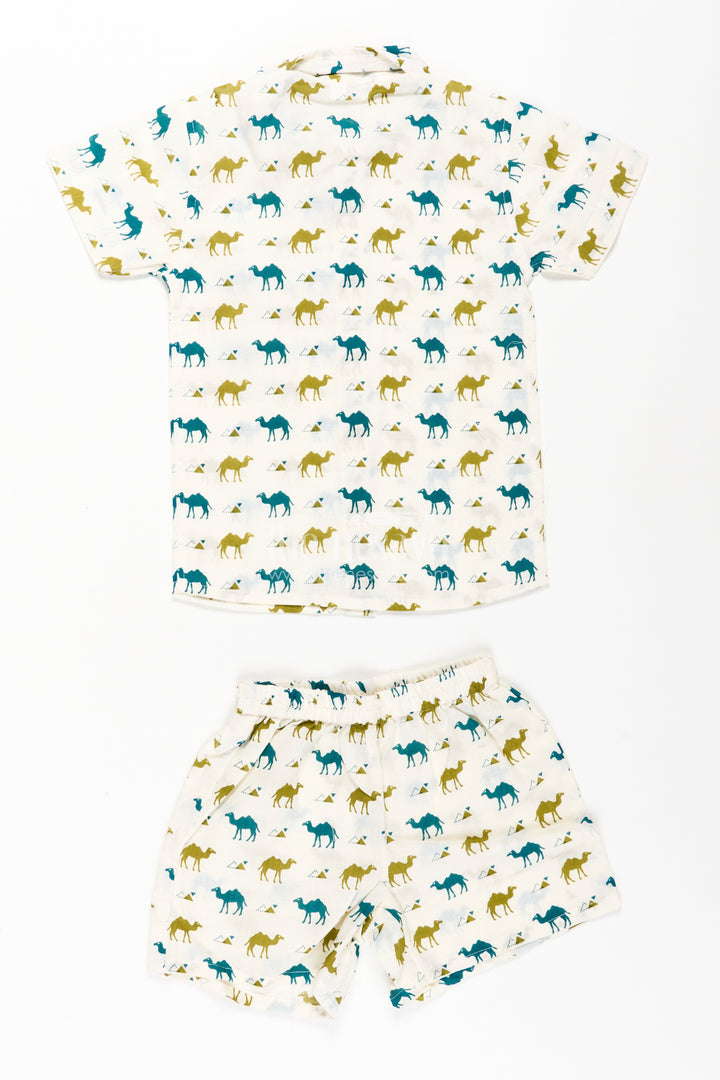 Boys Cotton Casual Shirt Set with Animal Digital Print and Matching Shorts in Cream Base