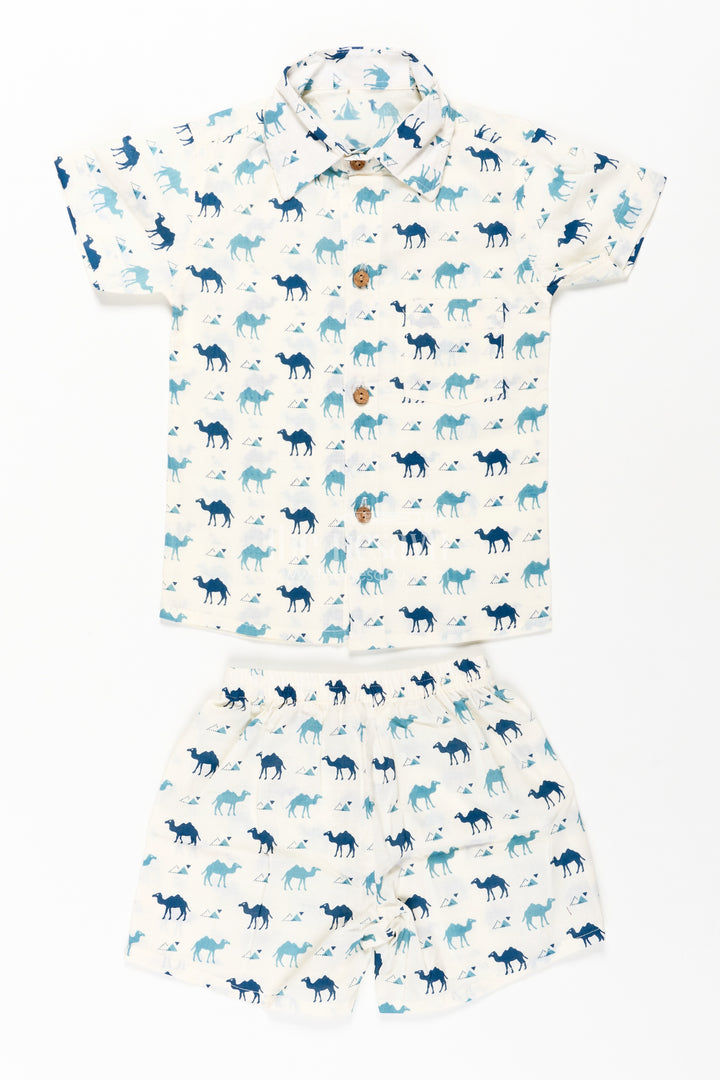 Boys Smart Casual Cloth Set in Cotton with Blue Camel Print and Matching Shorts