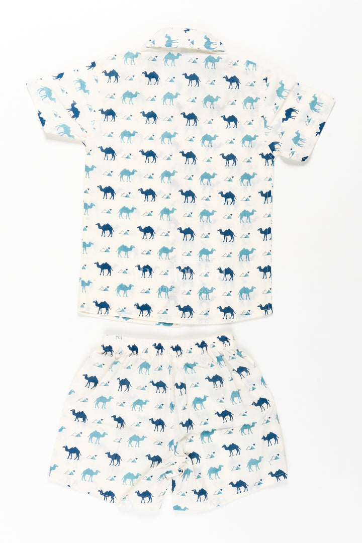 Boys Smart Casual Cloth Set in Cotton with Blue Camel Print and Matching Shorts