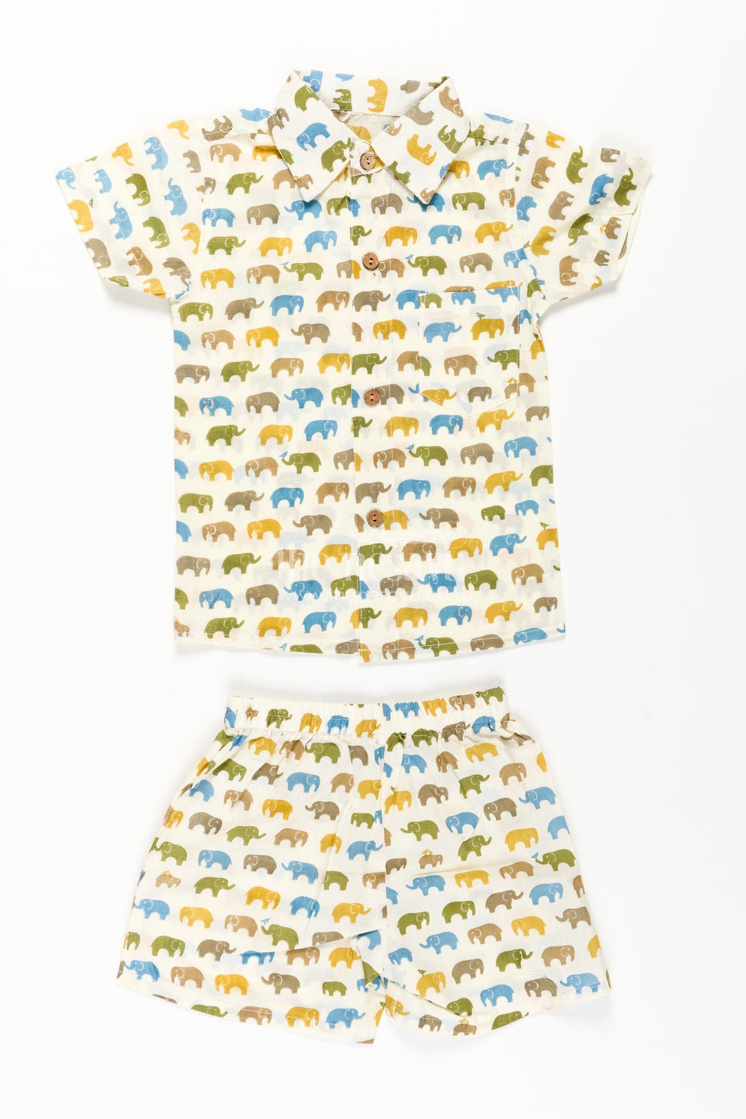 Boys Cotton Casual Wear Shirts Set with Elephant Digital Print and Matching Summer Shorts