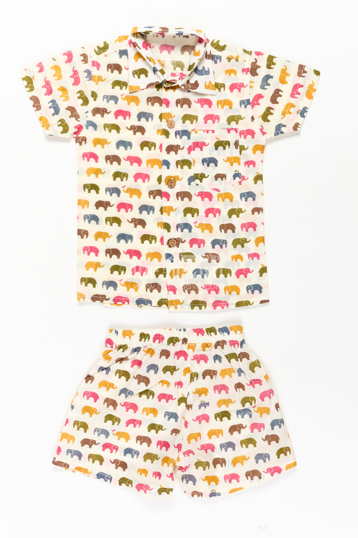Boys Cool Casual Outfits in Cotton with Multicolor Elephant Digital Print Shirt and Shorts Set