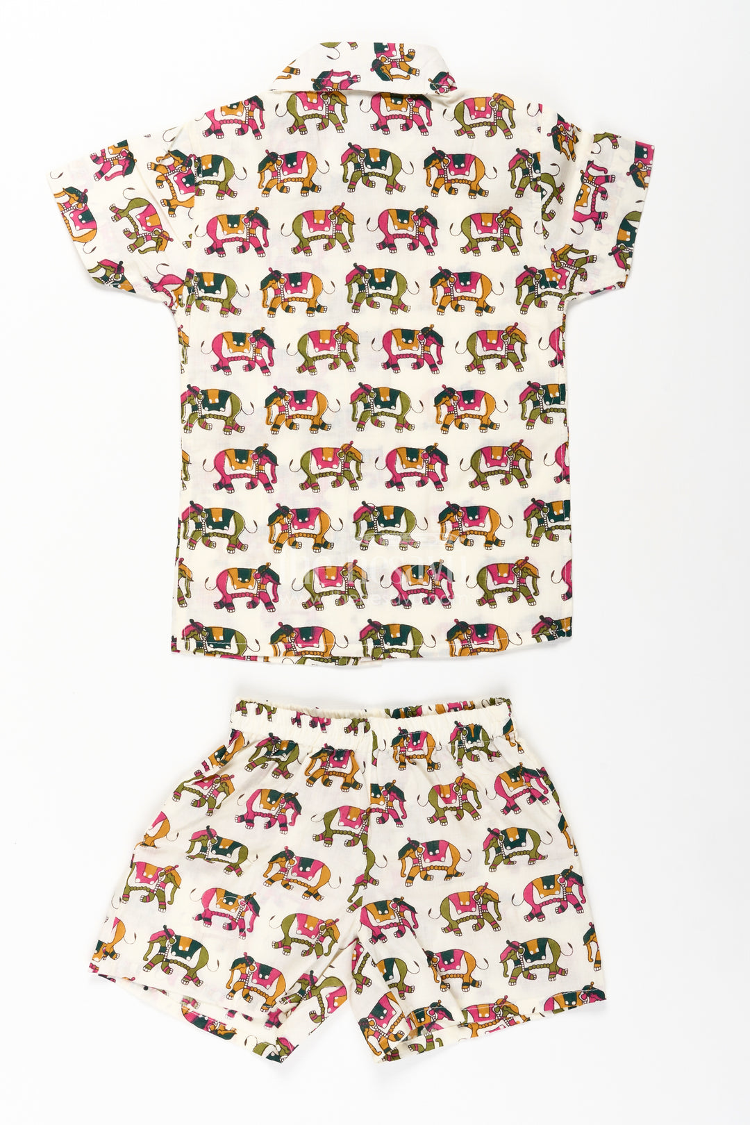 Boys Casual Two Piece Outfits in Cotton with Elephant Digital Print and Collared Shirt