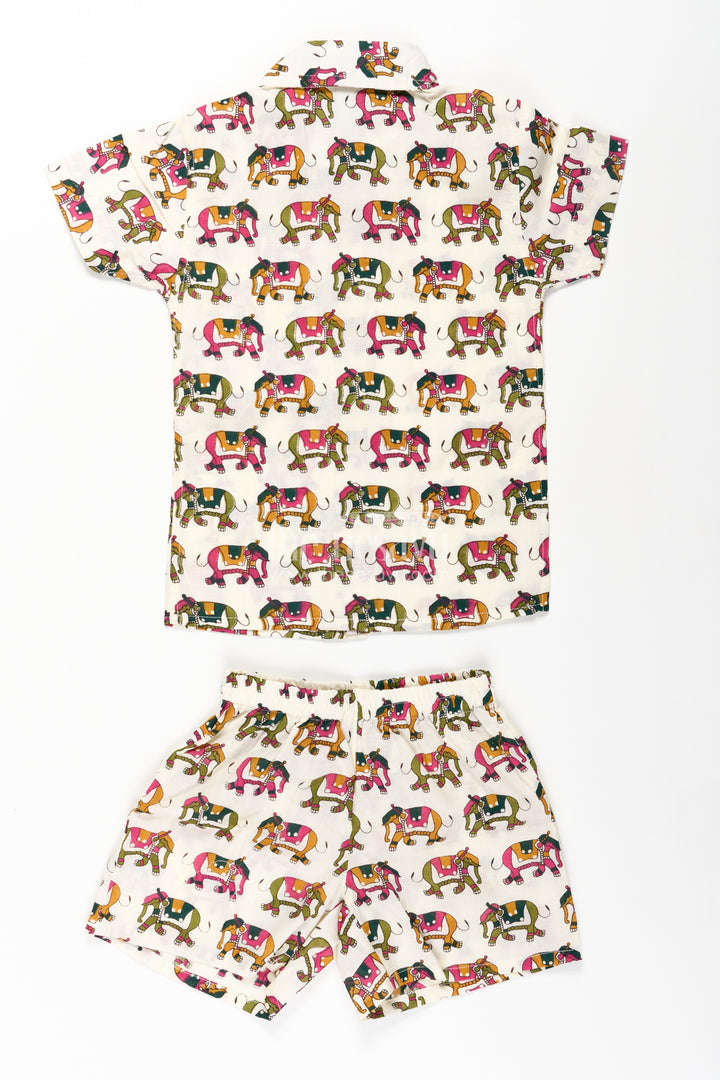 Boys Casual Two Piece Outfits in Cotton with Elephant Digital Print and Collared Shirt