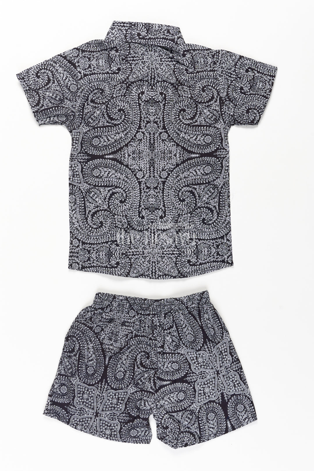 Boys Black Casual Dress Cotton Set with Paisley Digital Print Shirt and Matching Shorts
