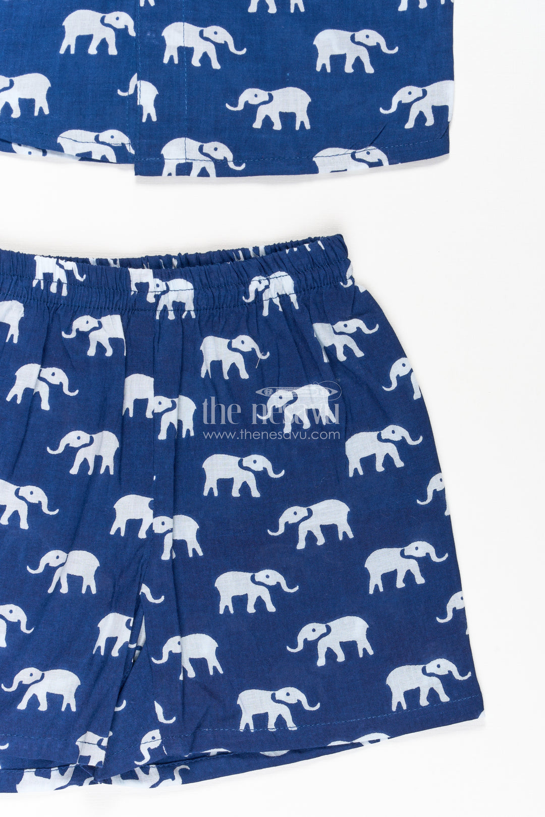 Boys Casual Blue Outfit in Cotton with White Elephant Digital Print and Matching Shorts