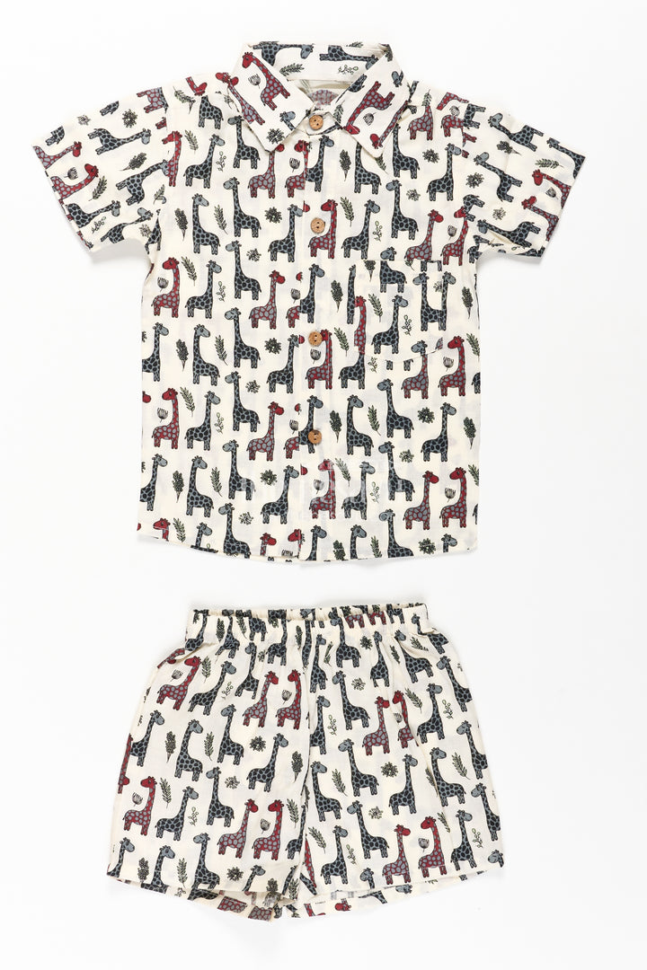 Boys Casual Cotton Trousers with Giraffe Print and Matching Shirt Set for Everyday Style