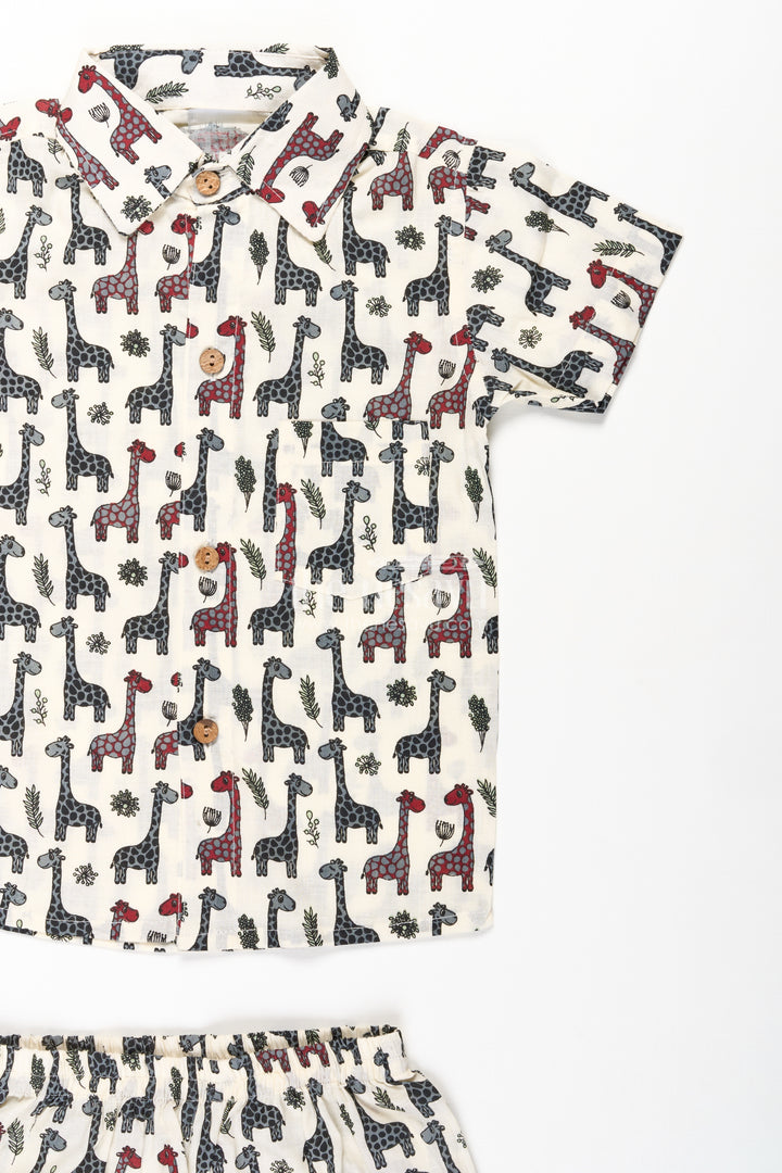 Boys Casual Cotton Trousers with Giraffe Print and Matching Shirt Set for Everyday Style