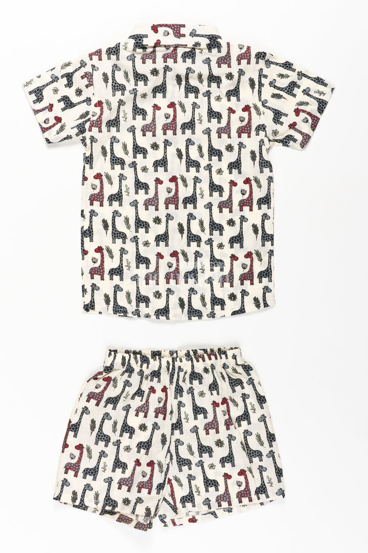 Boys Casual Cotton Trousers with Giraffe Print and Matching Shirt Set for Everyday Style