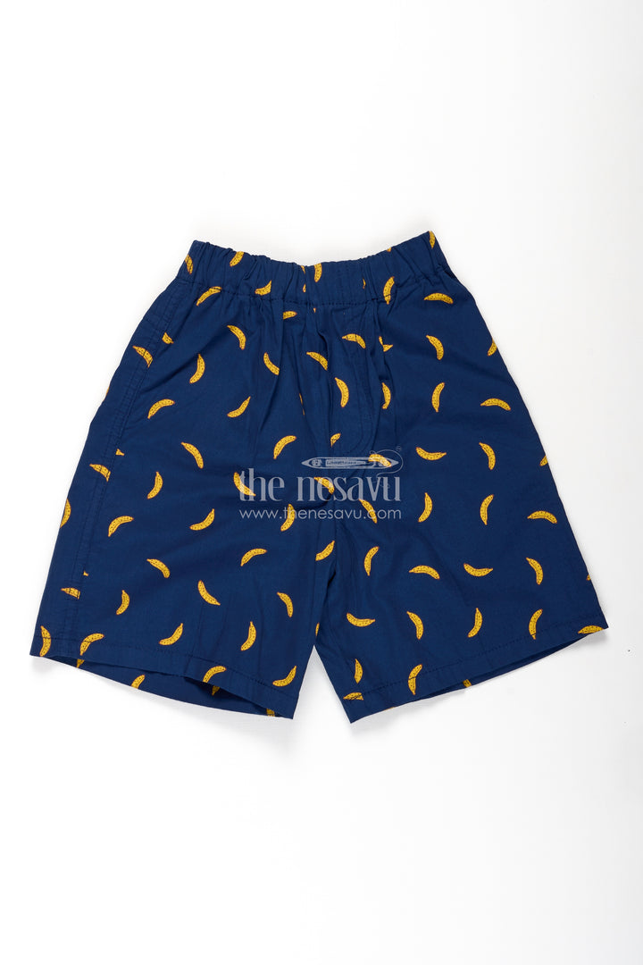 Boys Blue cotton shorts with Yellow Banana Digital Print and Soft Elastic Waist for Daily Comfort