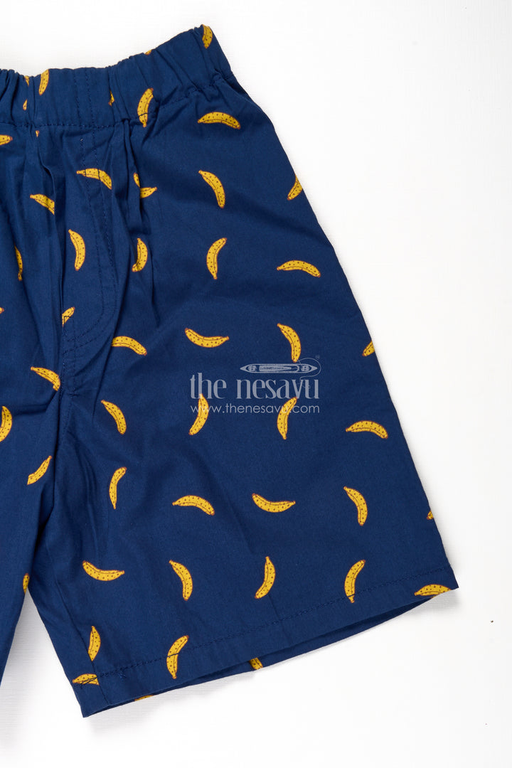 Boys Blue cotton shorts with Yellow Banana Digital Print and Soft Elastic Waist for Daily Comfort