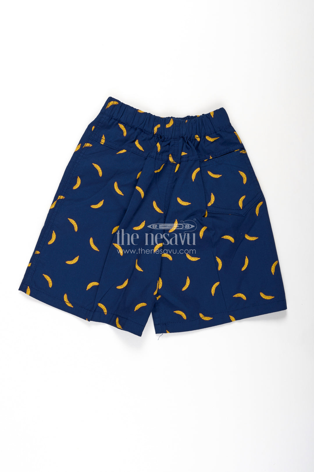 Boys Blue cotton shorts with Yellow Banana Digital Print and Soft Elastic Waist for Daily Comfort