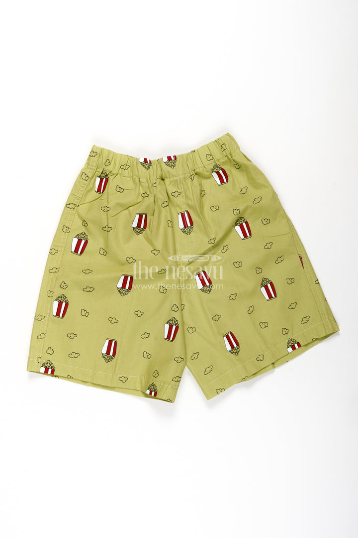 Boys Green short shorts with Popcorn Digital Prints and Stretchy Waistband in Soft Cotton Fabric