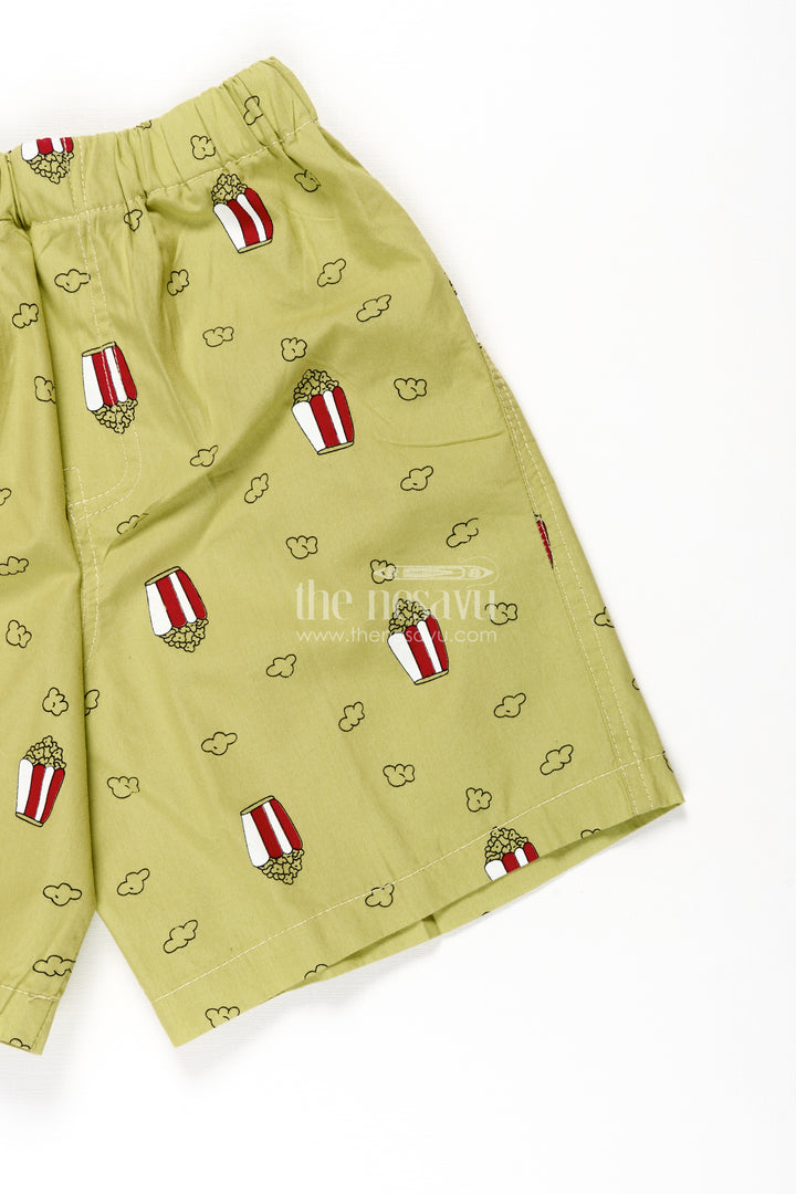 Boys Green short shorts with Popcorn Digital Prints and Stretchy Waistband in Soft Cotton Fabric