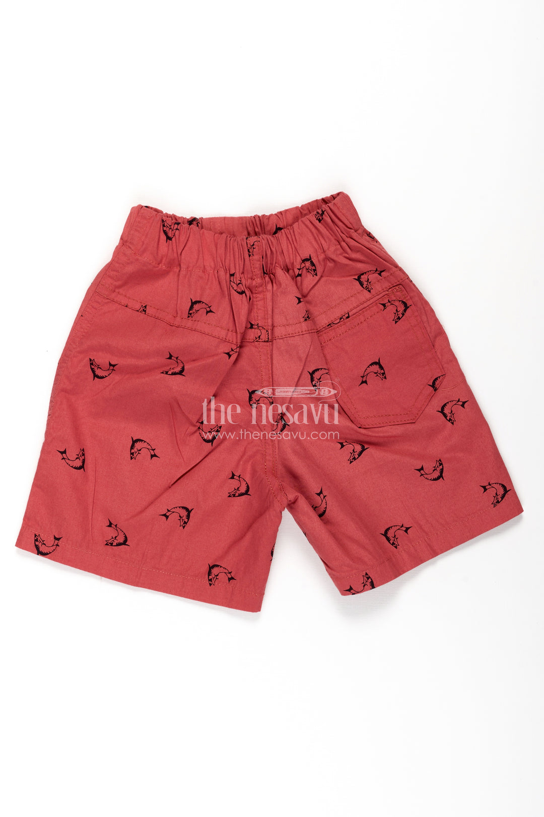 Boys Red Cotton printed shorts with Shark Motif All Over Digital Print and Soft Fit Waist