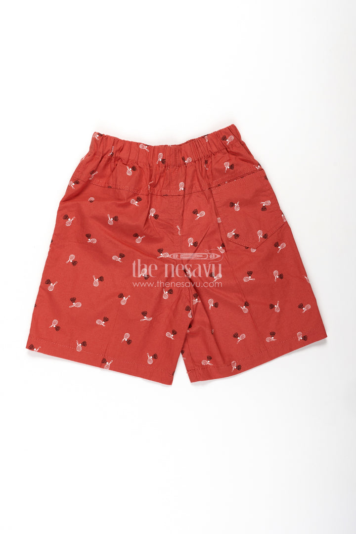 Boys Cotton elastic shorts in Red with Badminton Shuttle Print and Soft Comfortable Waistband