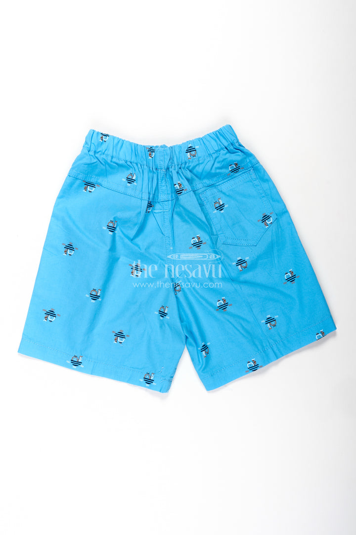 Boys Cotton light blue shorts with Mini Robot Print and Soft Fit for Casual Everyday Style